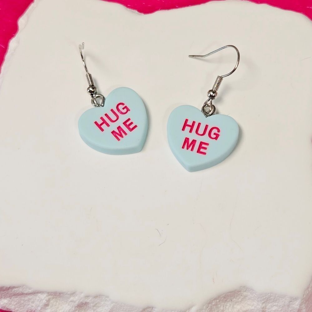 2/$25 Nostalgic Candy Heart Resin Dangle Earrings 💖 Hug Me Conversation Hearts - Picture 5 of 5